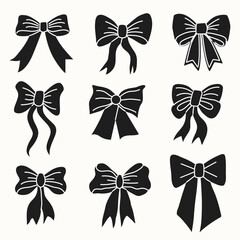 Set of black and white various bows, gift ribbons. Bowknots in hand-drawn and flat styles. Fashionable vector illustration. Hair accessory. Bows for gift wrapping