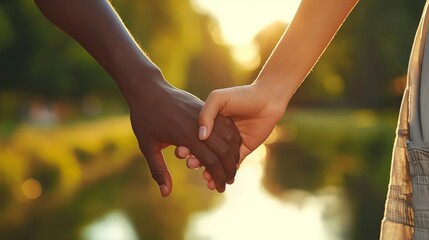 Close up of two holding hands one is black African skin and second is white.