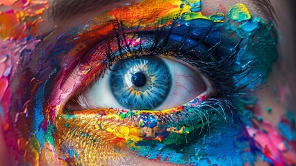 Eyes painted with vibrant colors using brushes and varnish. Dive into the world of artistic expression and imagination