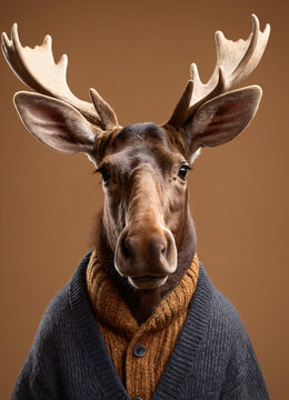 Elk face, wearing in a cardigan and shirt for a photo shoot on a chestnut, gray plain background, in an ultra-detailed style.