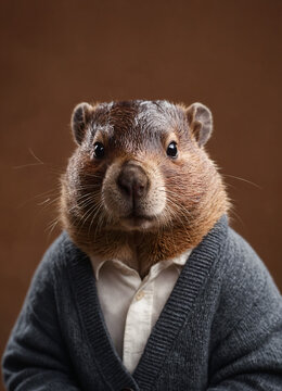 American Beaver face, wearing in a cardigan and shirt for a photo shoot on a chestnut, gray plain background, in an ultra-detailed style.