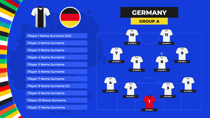 Lineup of the German national football team. T-shirt and flag. Football field with the formation of Germany players at the European tournament 2024. Vector illustration.