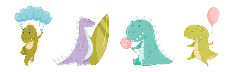 Cute Comic Dinosaur Do Different Activity Vector Set