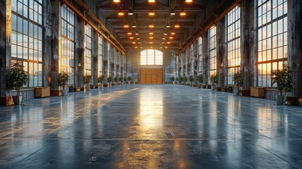 Empty warehouse space with dramatic lighting and shadows, ideal for showcasing the potential of adaptable workspaces.