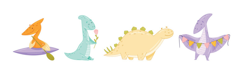 Cute Comic Dinosaur Do Different Activity Vector Set