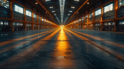 Empty warehouse space with dramatic lighting and shadows, ideal for showcasing the potential of adaptable workspaces.