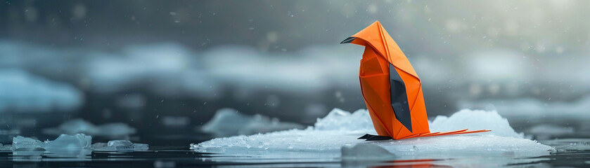 Orange origami penguin alone on ice floe, vast polar backdrop, soft light, solitude, eyelevel, fragile existence