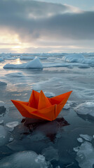 Orange origami amidst polar expanse, bright daylight, high angle, fragile beauty, silent climate warning