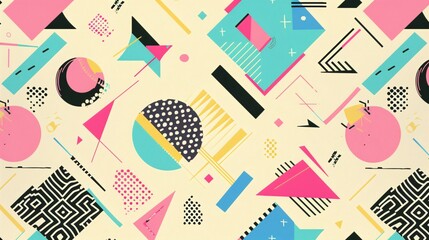 a 90s-inspired clean wallpaper featuring geometric shapes, pastel colors, and retro typography - obrazy, fototapety, plakaty