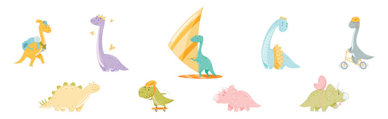 Cute Comic Dinosaur Do Different Activity Vector Set