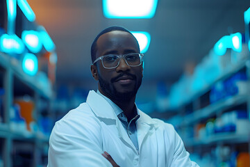 Confident, serious, black scientist facing camera, undoubted stance, presenting innovation in high-contrast lit lab, viewed from below for impressiveness,