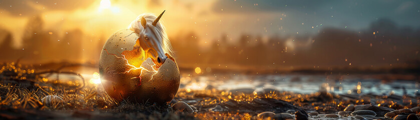 Golden egg cradling emerging unicorn, dusk ambiance, wide shot, genesis of magic, tranquil enchantment - obrazy, fototapety, plakaty