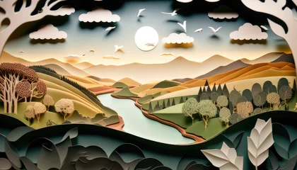 Afwasbaar Fotobehang Bergen Colorful mountain paper cut style background vector illustration.