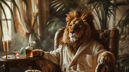 lion wearing bathrobe