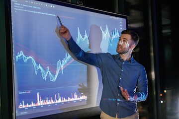 Statistics on the screen. Business coach against projector with data