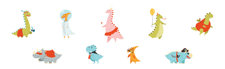 Colorful Dinosaur at Birthday Party Celebrate Holiday Vector Set