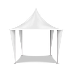 Blank white canopy tent with flag leg banners vector mockup. Trade show camping gazebo mock-up. Outdoor summer tradeshow booth template - 773191744