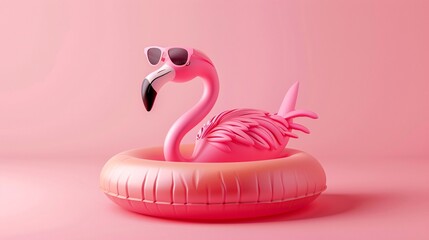 Illustrate a pink flamingo with sunglasses floating in an inflatable circle, embodying a summer minimal concept - obrazy, fototapety, plakaty