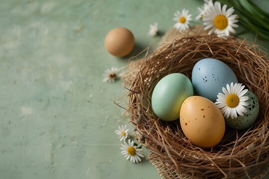 Easter eggs and chamomile flowers on a light pastel green background