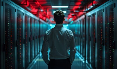 IT Engineer in big database server center office, High Speed Data Transfer, Server Transfer, Technology Science Breakethrough, Progress, Innovation Concept