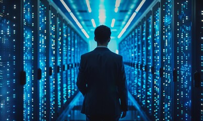 IT Engineer in big database server center office, High Speed Data Transfer, Server Transfer, Technology Science Breakethrough, Progress, Innovation Concept