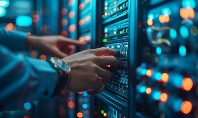 Close up IT Engineer in big database server center office, High Speed Data Transfer, Server Transfer, Technology Science, Progress, Innovation Concept