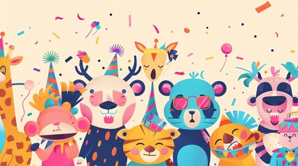 illustration of Zoo animals rave party, flat style, mischievous yet sophisticated joy, space for text