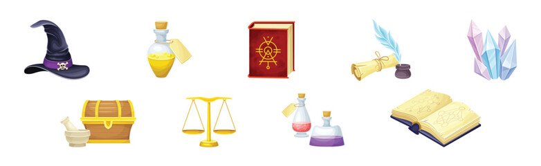 Magic Object and Element with Witch Hat, Flask, Book, Scroll, Scale and Treasure Chest Vector Set