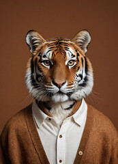 Portrait of a Tiger who is dressed in a cardigan and shirt for a photo shoot on a chestnut, brown and gray plain background.