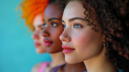 Three women with different skin colors, multi-ethnic group, smiling, human face, young woman