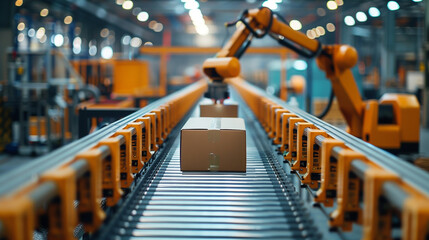 Robot moving boxes on conveyor belt, metal, automated, workshop, manufacturing