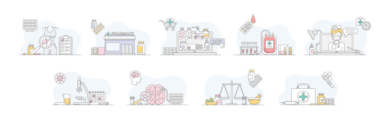 Medicine and Pharmacy Object and Medicament Line Vector Set
