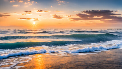 The sunrise scenery on the sea, beautiful evening sunset and waves