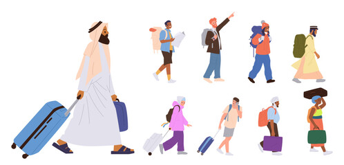 People cartoon characters migrants, refugees, travelers cartoon characters walking with luggage bag