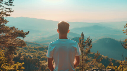 Homem com mochila nas costas nas montanhas olhando uma linda paisagem - obrazy, fototapety, plakaty