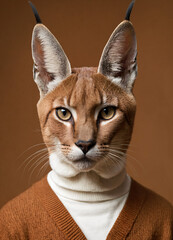 Portrait of a caracal who is dressed in a cardigan and shirt for a photo shoot on a chestnut, brown and gray plain background.