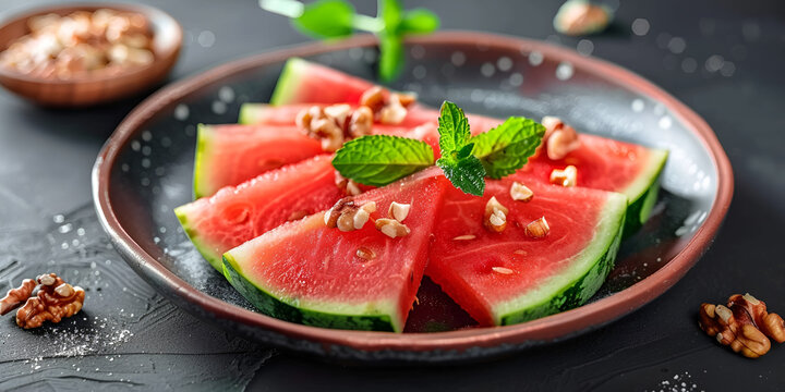 Pieces of watermelon in tray on a wooden table close up
