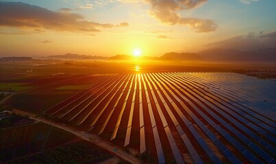 Solar energy farm with rows of photovoltaic panels against a backdrop of mountains and blue sky with clouds, highlighting renewable energy and sustainability - obrazy, fototapety, plakaty