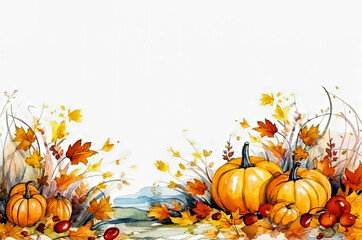 A painting of pumpkins and leaves with a white background.