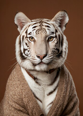 Portrait of a White bengal tiger  who is dressed in a cardigan and shirt for a photo shoot on a chestnut, brown and gray plain background.