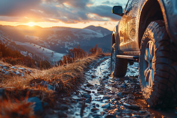 Adventurous SUV navigating through snowy mountain terrain at sunrise, illustrating the thrill and freedom of exploration. - obrazy, fototapety, plakaty
