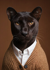 Portrait of a Panther who is dressed in a cardigan and shirt for a photo shoot on a chestnut, brown and gray plain background.