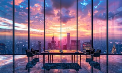 High-rise corporate meeting room, modern furniture with panoramic views of skyscrapers against a vivid sky