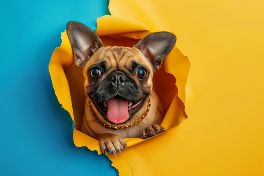 Heartwarming image of a pug peeking through a torn yellow paper, embodying curiosity and playful character traits.