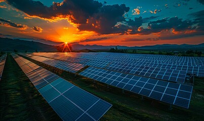 Solar energy farm with rows of photovoltaic panels against a backdrop of mountains and blue sky with clouds, highlighting renewable energy and sustainability - obrazy, fototapety, plakaty