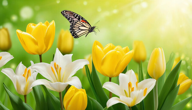 Beautiful flowers bouquet of yellow tulips, white lilies and butterfly on natural green-yellow background close-up outdoors. Elegant refined image of beauty of natureBeautiful flowers bouquet of yello