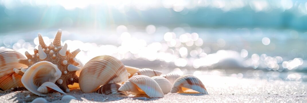 sea shells are sitting on a sandy beach near the ocean. Generative AI