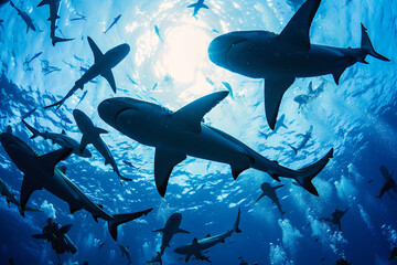 Black tip sharks (Carcharhinus limbatus) circling divers in the Indian Ocean
