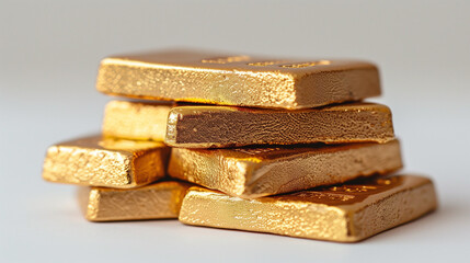 Stacked gold bars with purity engravings on a white background. - obrazy, fototapety, plakaty