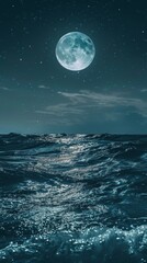 Naklejka na ściany i meble Moonlight reflects on the water as a full moon rises over the ocean at night. Generative AI